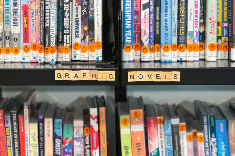 Graphic novels label on book shelf