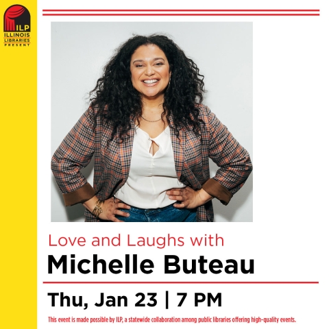 Photo of a black woman with long dark curly hair, her hands on her hips. Love and Laughs with Michelle Buteau. Thursday, January 23, 7pm.