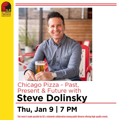 Image of Steve Dolinsky, a white man with dark hair and a grey shirt, seated at a table with a beer in front of him. Chicago Pizza: Past, Present, and Future with Steve Dolinsky. Thursday, January 9, 7pm.