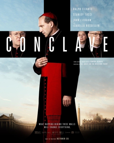 Conclave movie poster with the main character looking down and the title across their chest making the shape of a cross.